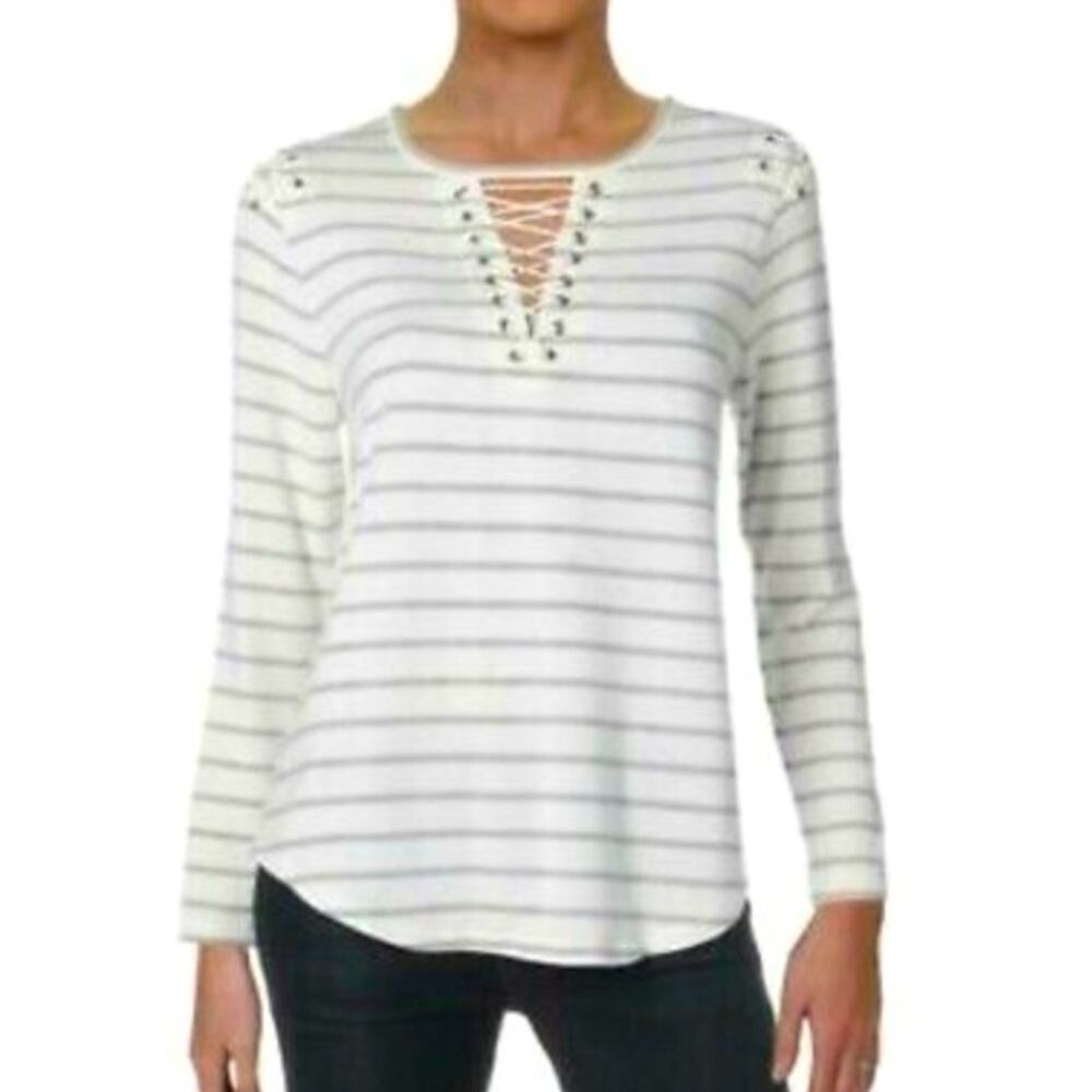 Generation Love Small Medium Ivory White Gray Stripe Lace-up v-neck & shoulder
